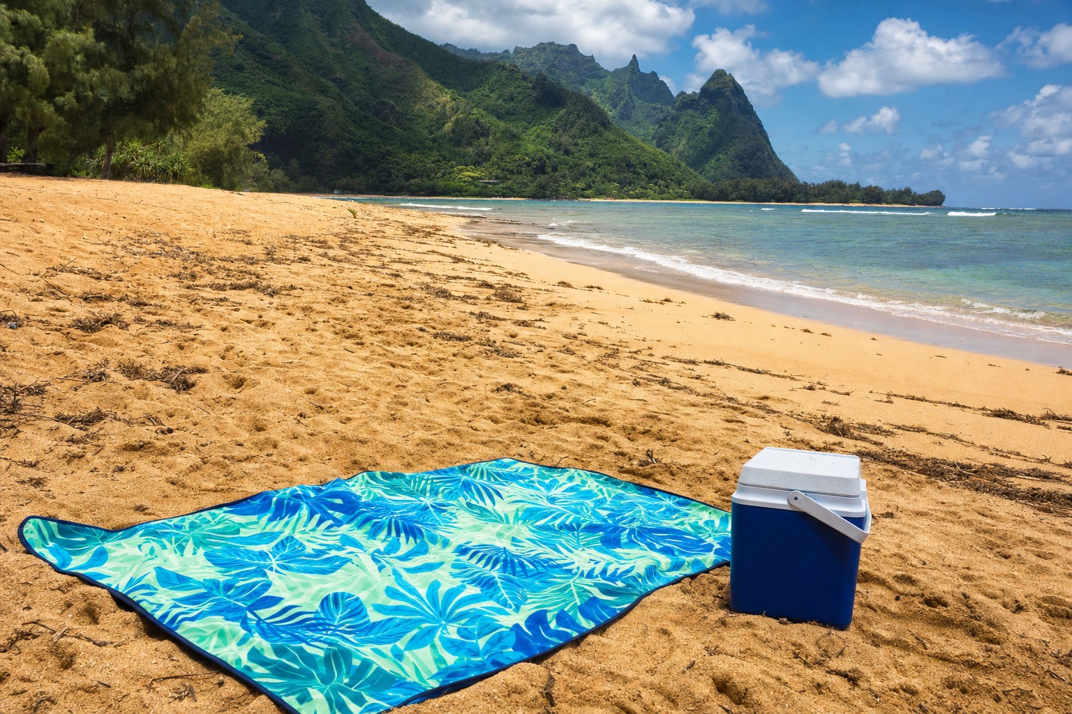 Beach towel and cooler on golden sand at a free public Kauai beach with green ridges behind