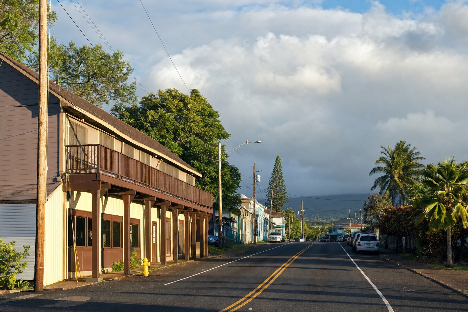 Quiet main street in Waimea town on Kauai's west side in late afternoon light