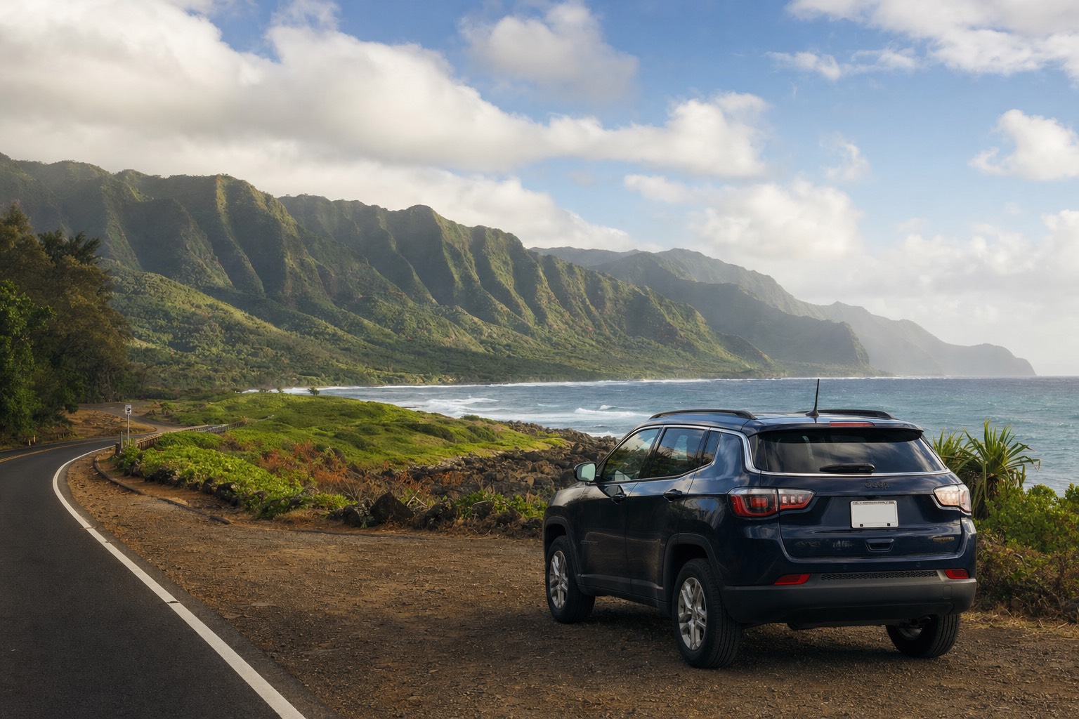 Rental car on Kauai's coastal highway at dawn with green ridges behind
